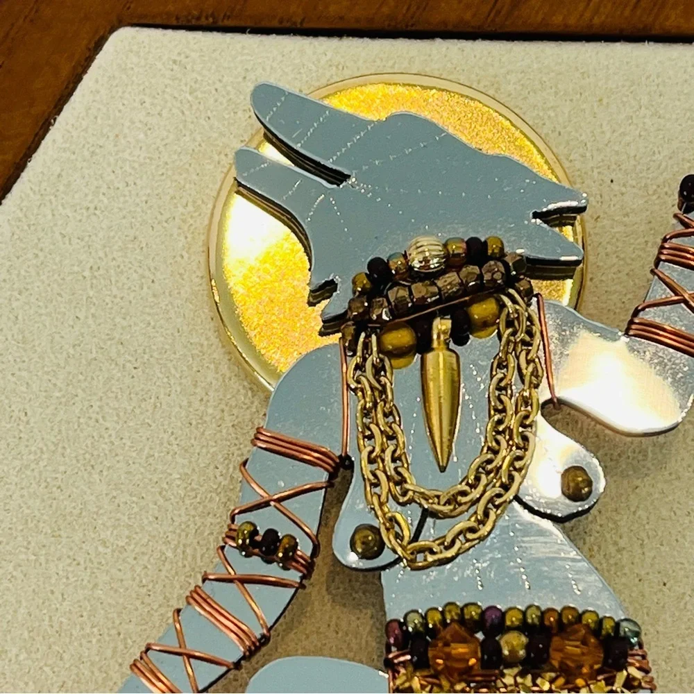 Vintage Liztech ‘94 Dancing Wolf Shaman Mirrored Brooch with Copper Wire Detail
